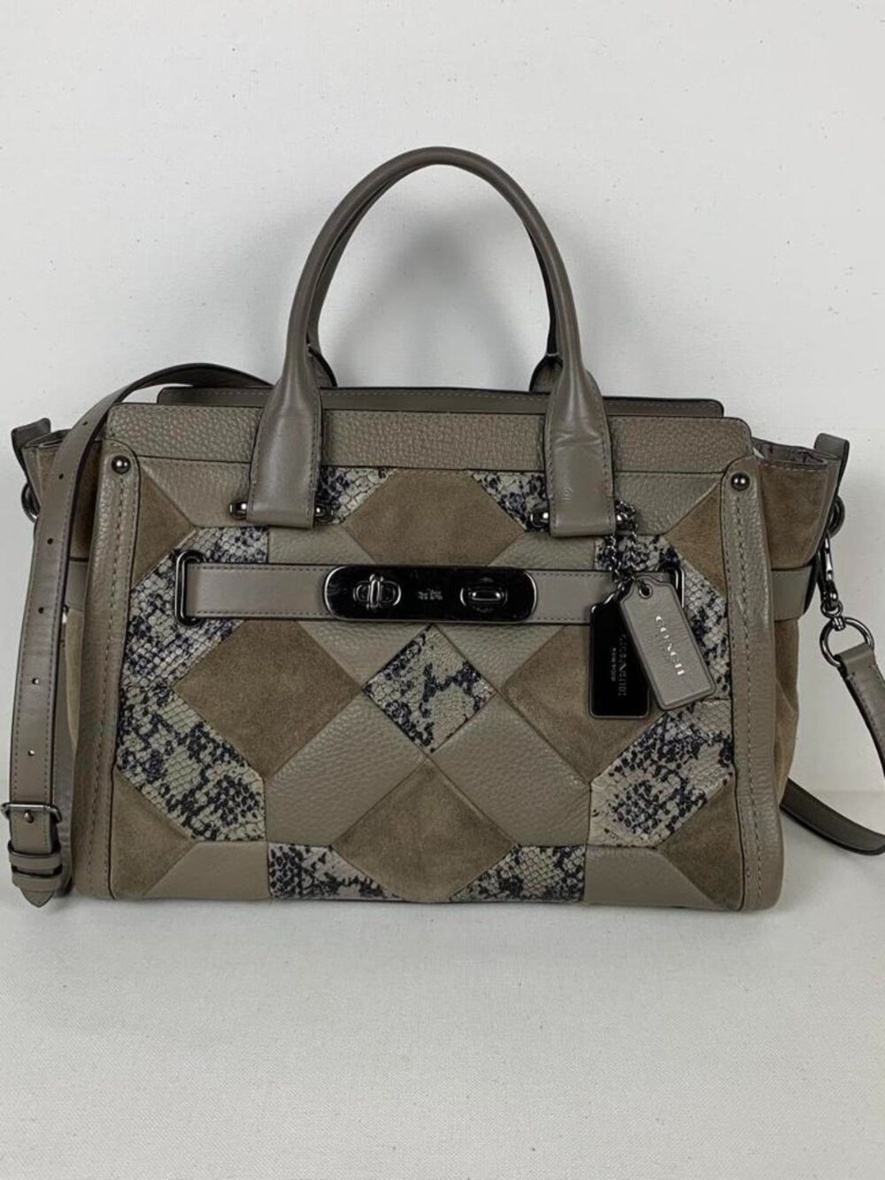 Coach Swagger 27 Satchel - Chic Patchwork Suede & Snakeskin-Embossed Leather